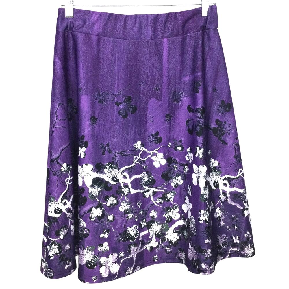Lily Asian Floral Flowy A-Line Elastic Waist Ruffle Feminine Lined Midi Skirt S